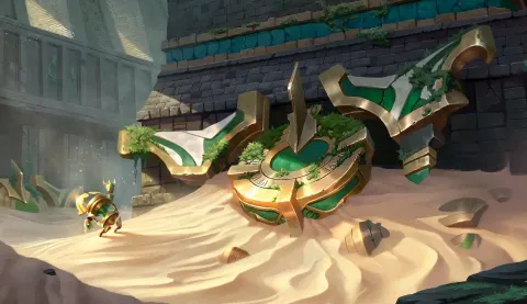 『Riftbound』最新拡張セット「Vendetta」に新バトルフィールド「Protective Sands」が登場！少ないルーンでドロー加速、戦略の幅が大きく広がる！
